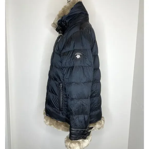 Alp N Rock Duck Down Puffer Coat Faux Fur Womens Large Black Long Buckles Jacket - Picture 7 of 13